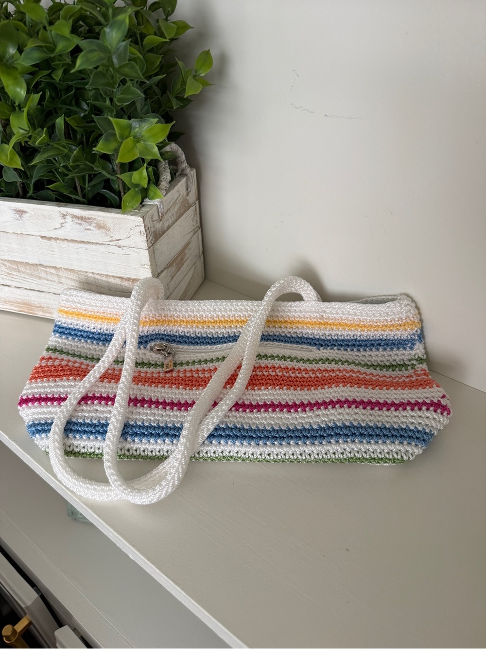The Sak Crochet Striped Tote Bag White Multicolor Shoulder Purse - Picture 2 of 12